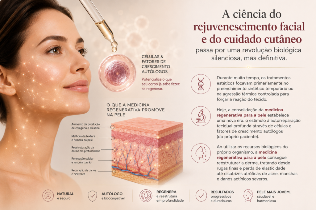 Conheça os 7 benefícios da medicina regenerativa para a pele: saiba como o Nanofat, PRP e células-tronco reestruturam cicatrizes, acne e rugas finas.