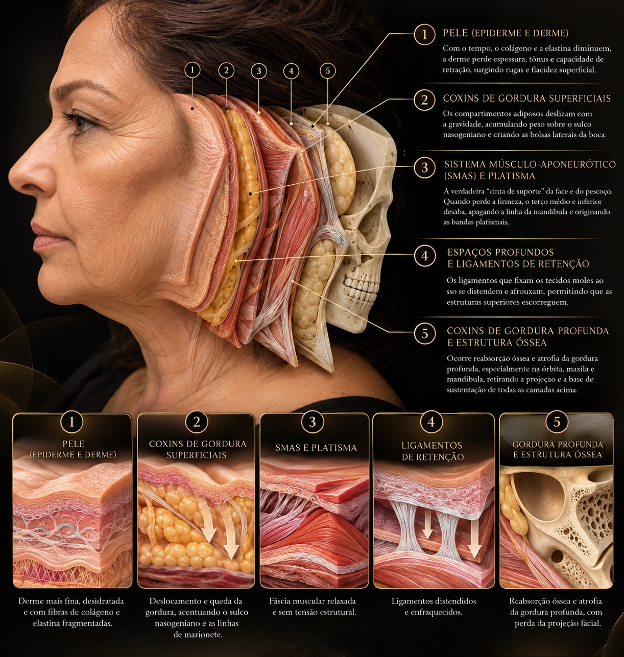 Camadas anatômicas da face tratadas no lifting facial