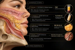 Diagrama das camadas da face indicando onde atuam PRP, Nanofat, Microfat e o reposicionamento cirúrgico