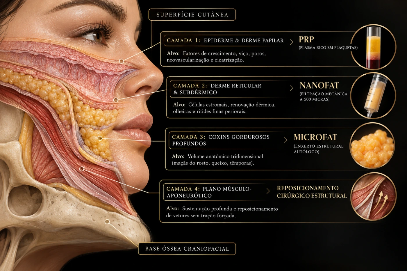 Diagrama das camadas da face indicando onde atuam PRP, Nanofat, Microfat e o reposicionamento cirúrgico